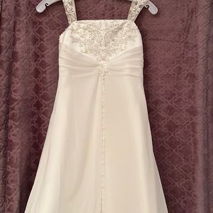 White dress, kids size 8 from David’s bridal.